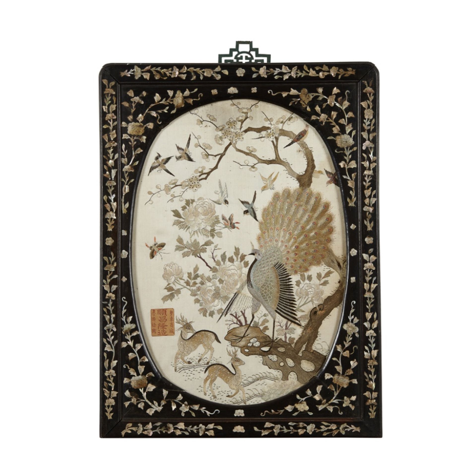 EMBROIDERED SILK 'BIRDS AND DEER' HANGING PANELSHUN CHANG LONG MARK, LATE QING DYNASTY the ivory