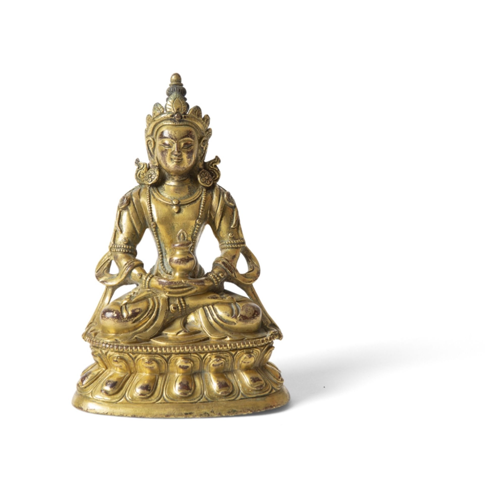 SINO-TIBETAN GILT-BRONZE FIGURE OF AMITAYUSQING DYNASTY, 18TH CENTURY cast seated in