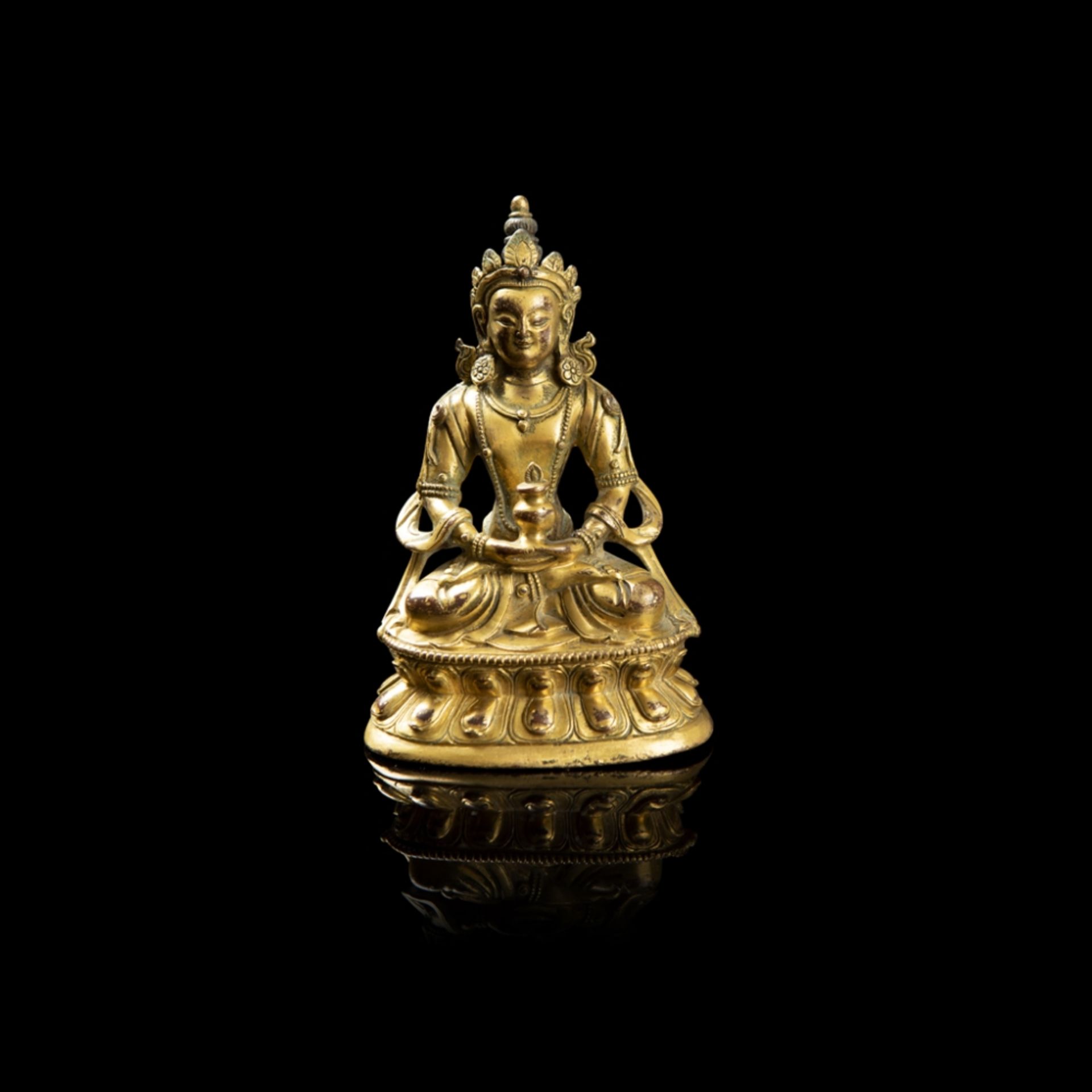 SINO-TIBETAN GILT-BRONZE FIGURE OF AMITAYUSQING DYNASTY, 18TH CENTURY cast seated in - Image 2 of 2