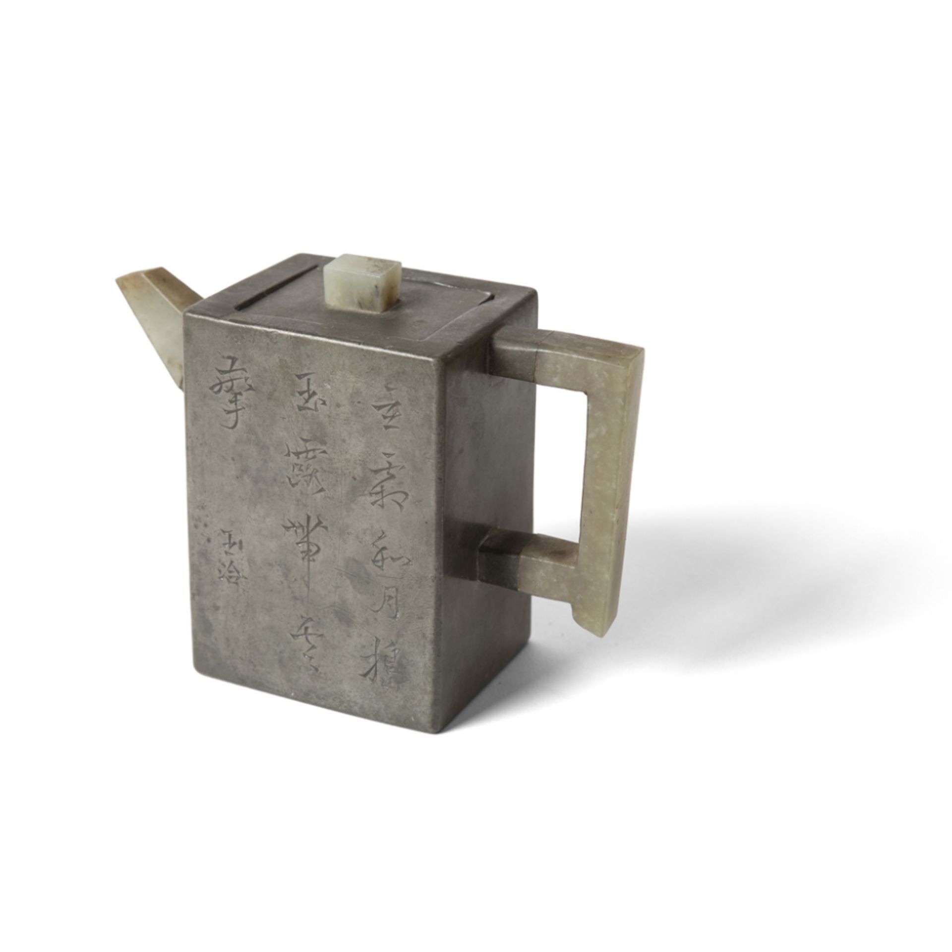 JADE MOUNTED PEWTER TEAPOTSIGNED WANG QIA of rectangular section, mounted with a jade spout,