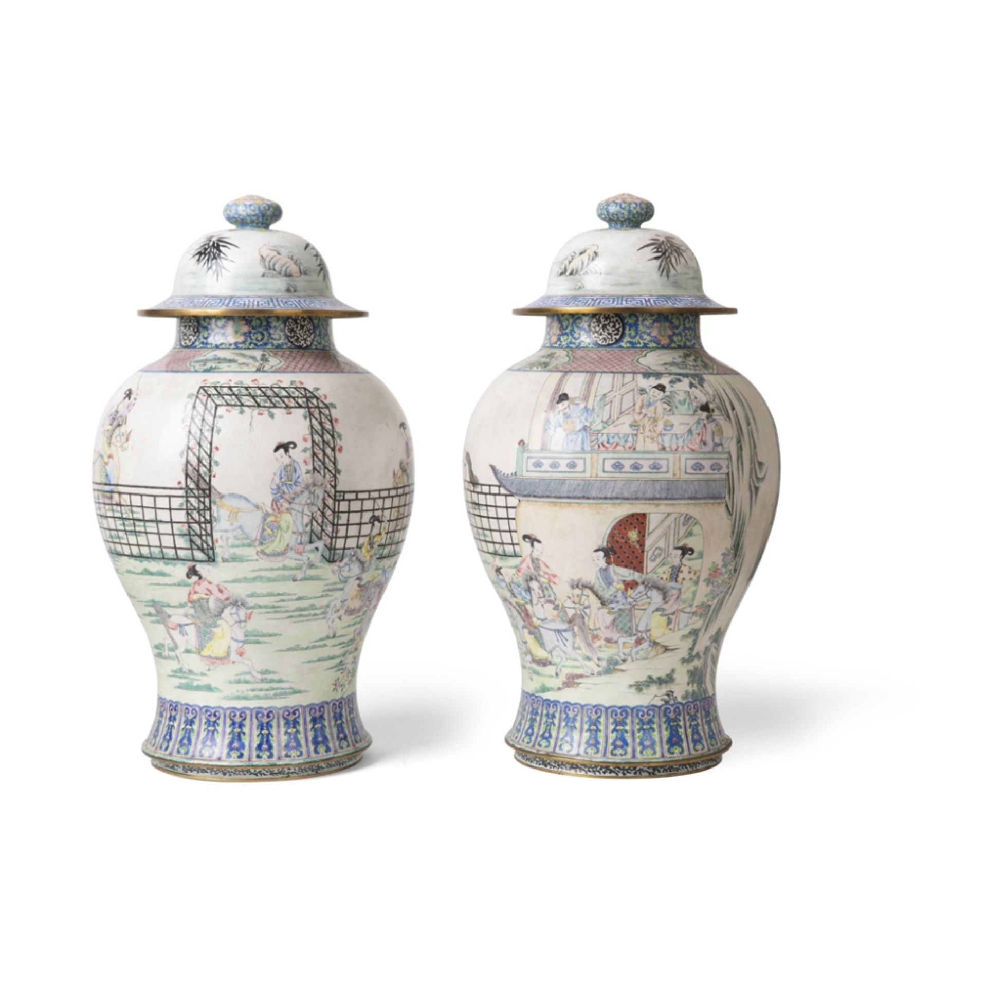 PAIR OF LARGE CANTON ENAMEL 'GENERALS OF THE YANG FAMILY' BALUSTER VASES AND COVERSJIAQING MARK,