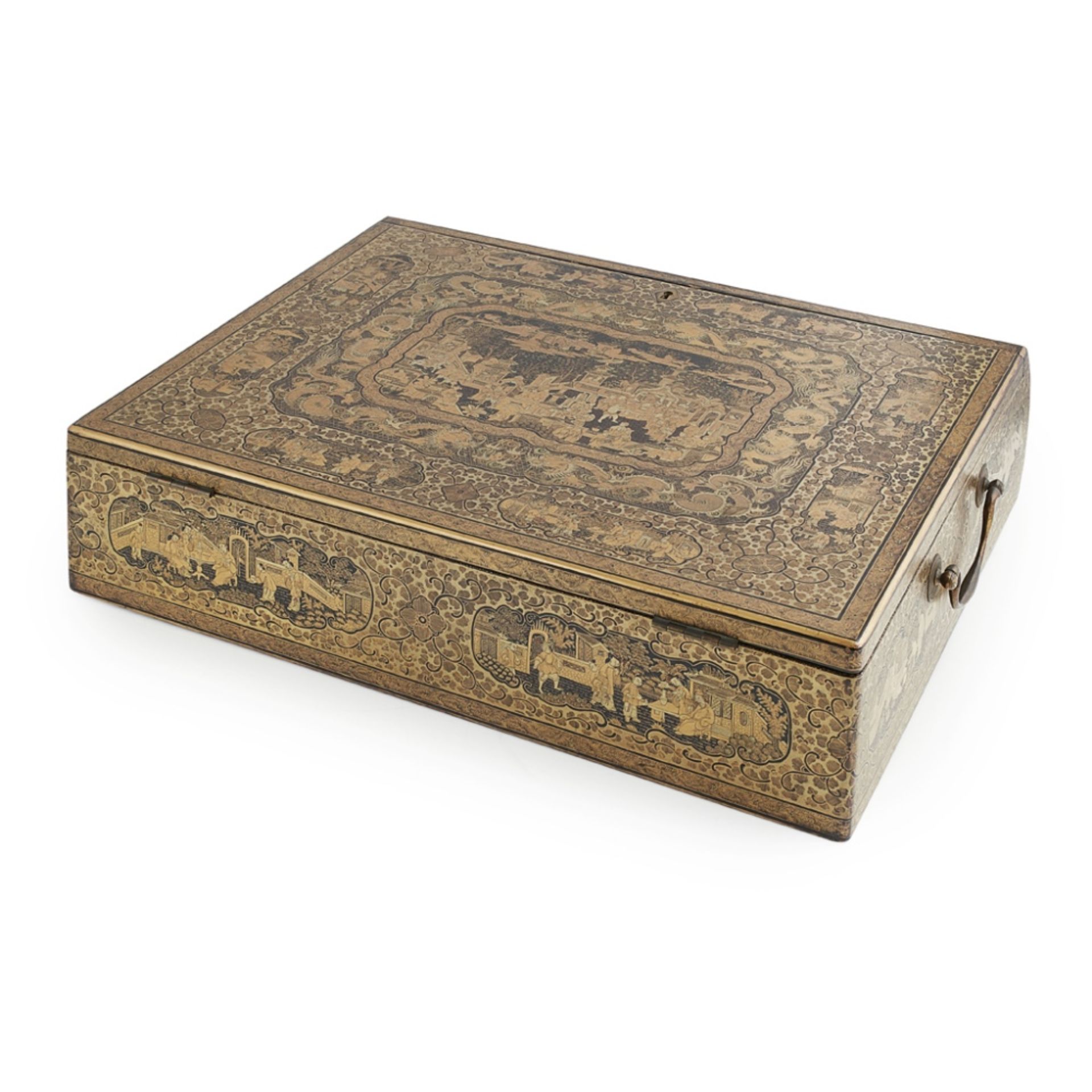 CANTON LACQUER WRITING BOX AND HINGED COVERQING DYNASTY, 19TH CENTURY elaborately decorated on the