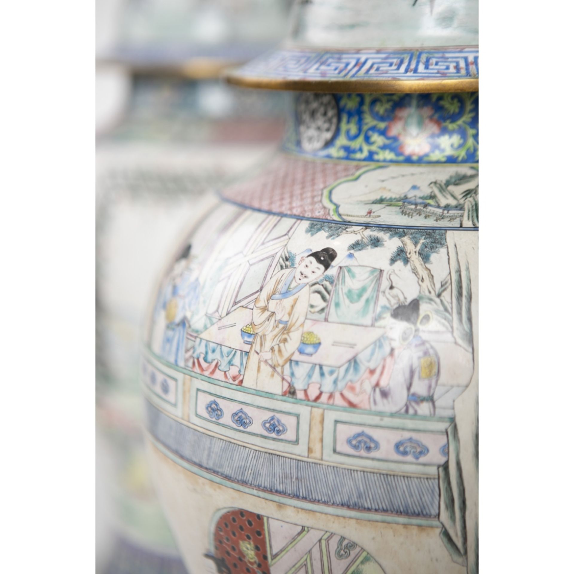 PAIR OF LARGE CANTON ENAMEL 'GENERALS OF THE YANG FAMILY' BALUSTER VASES AND COVERSJIAQING MARK, - Image 3 of 4