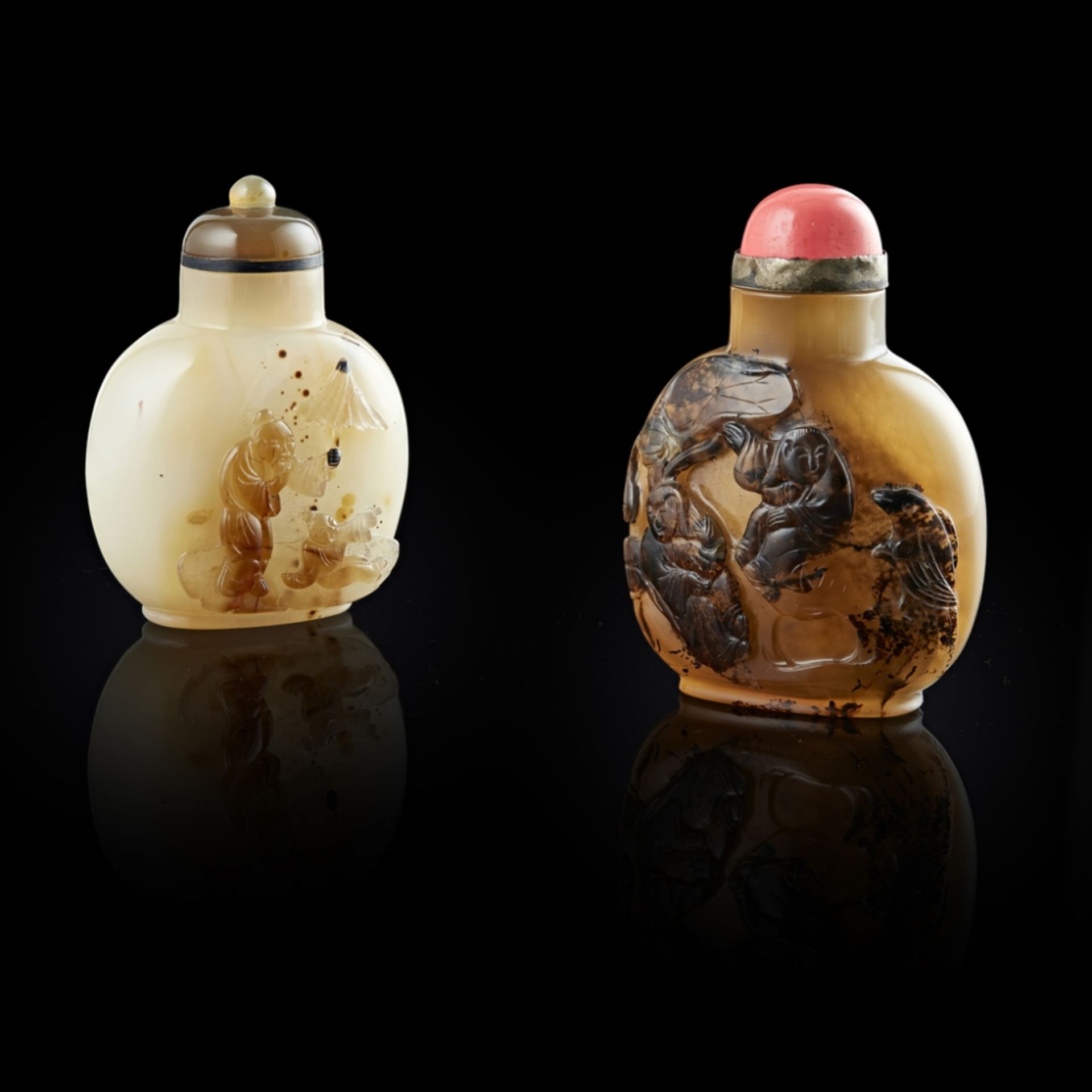 TWO FINELY CARVED AGATE SNUFF BOTTLESQING DYNASTY, 19TH CENTURY both of compressed spherical form,