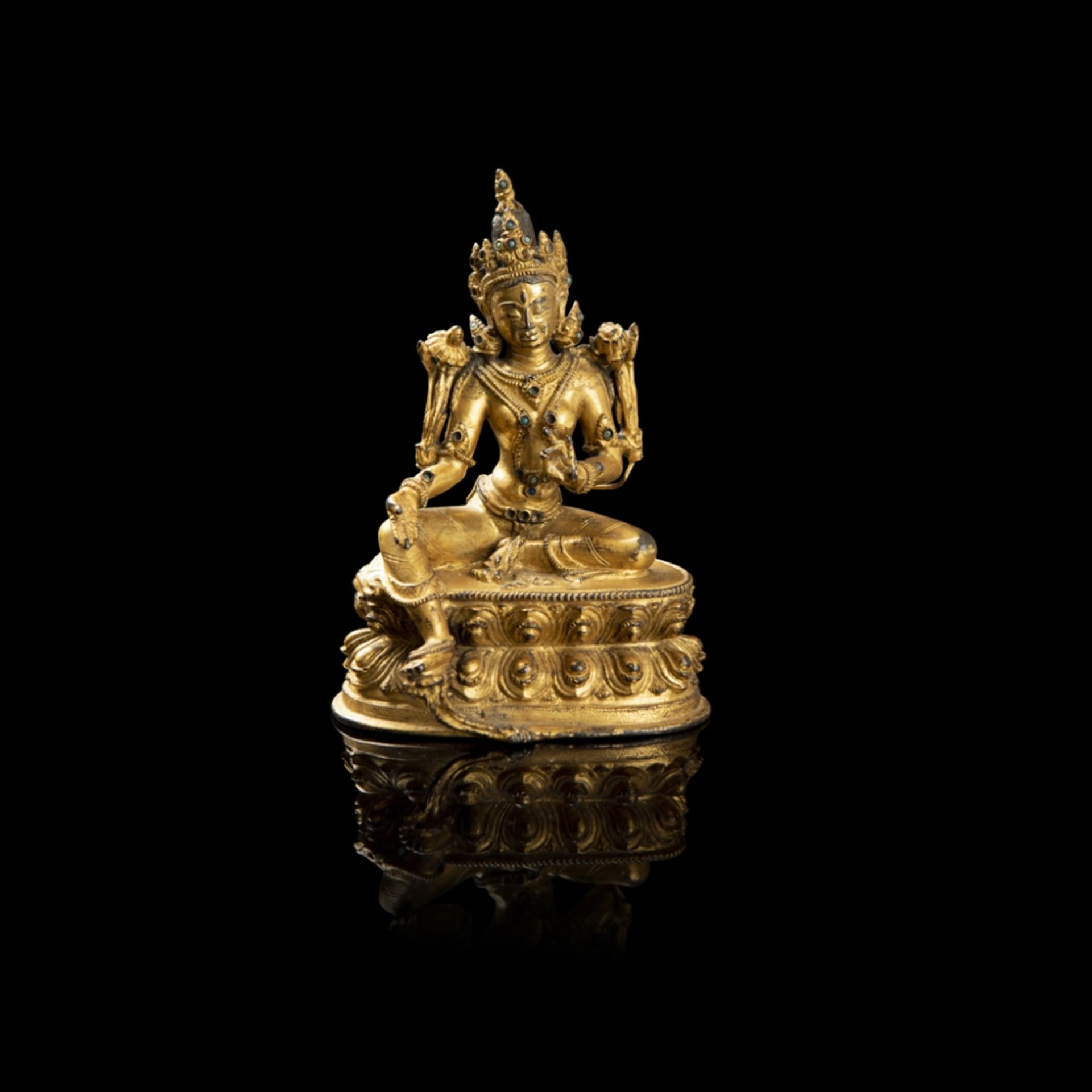 SMALL GILT-BRONZE FIGURE OF A TARAMING DYNASTY, 15TH/16TH CENTURY seated in lalitasana on a double- - Image 2 of 2