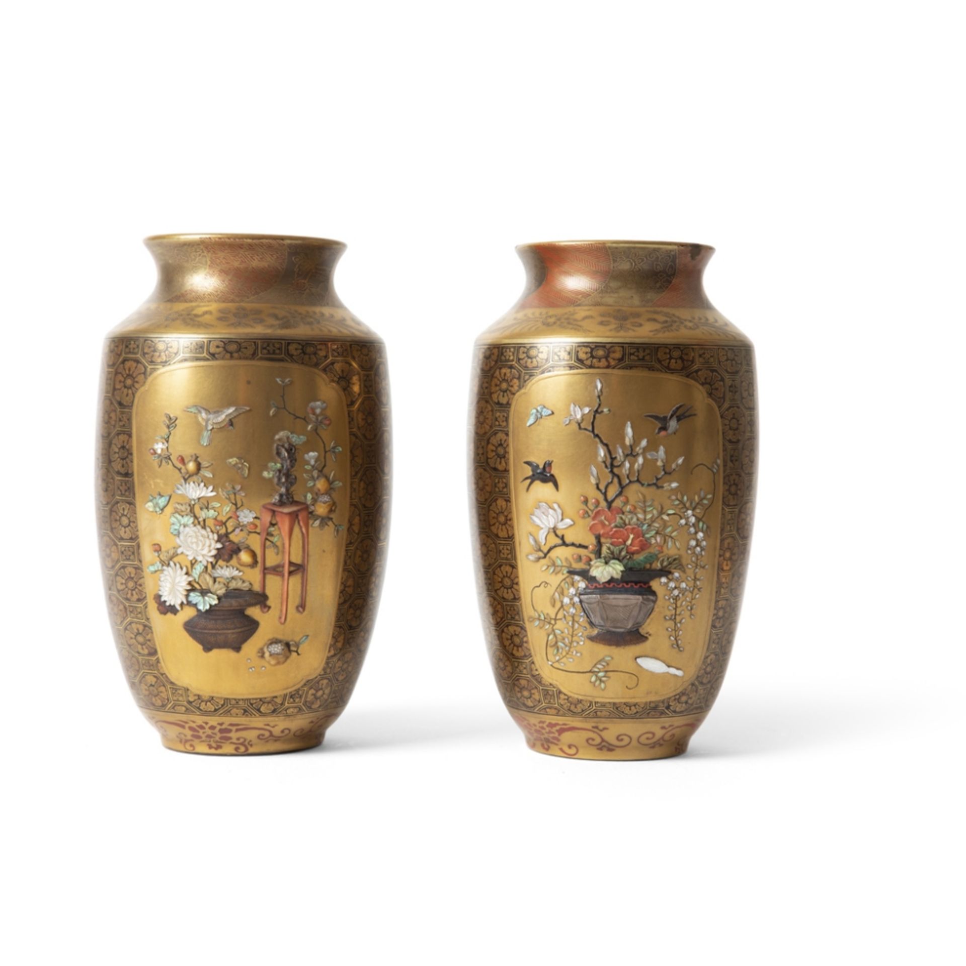 PAIR OF SHIBAYAMA-INLAID GOLD-LACQUER VASESMEIJI PERIOD each decorated with two large panels