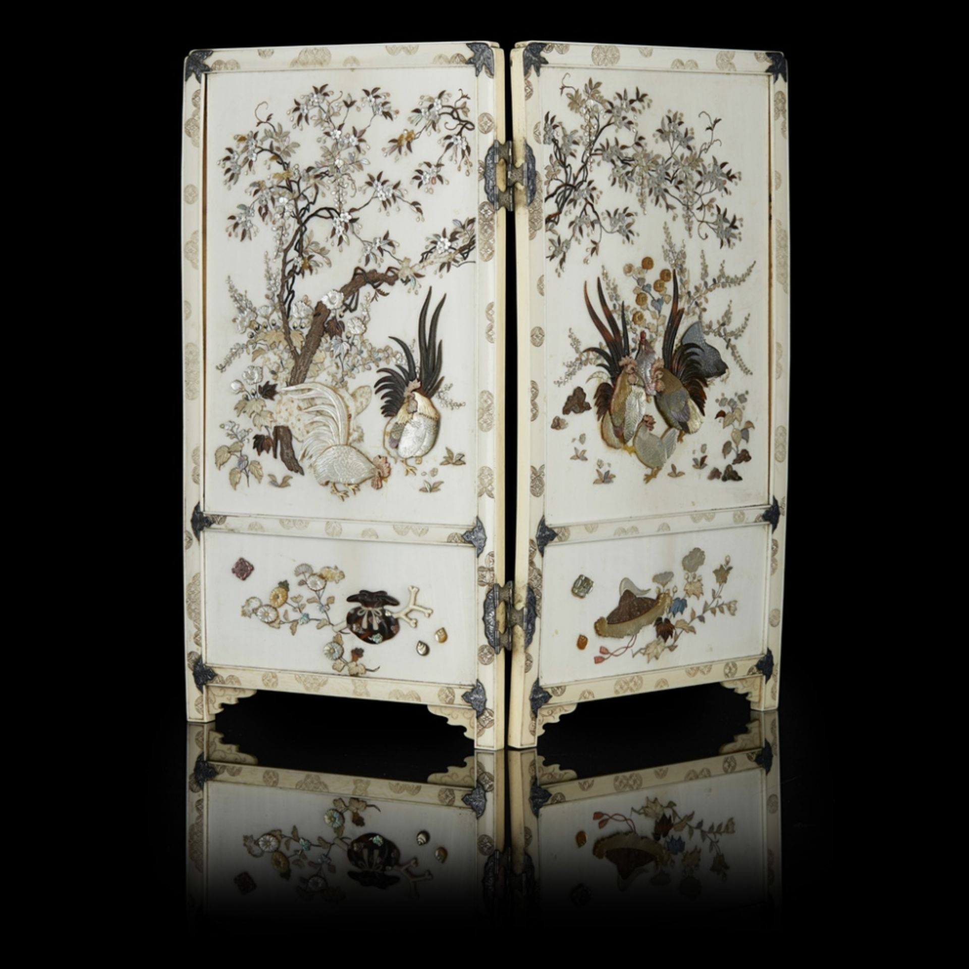 FINE SHIBAYAMA-INLAID IVORY TWO-FOLD SCREENMEIJI PERIOD each fold inlaid in mother-of-pearl,