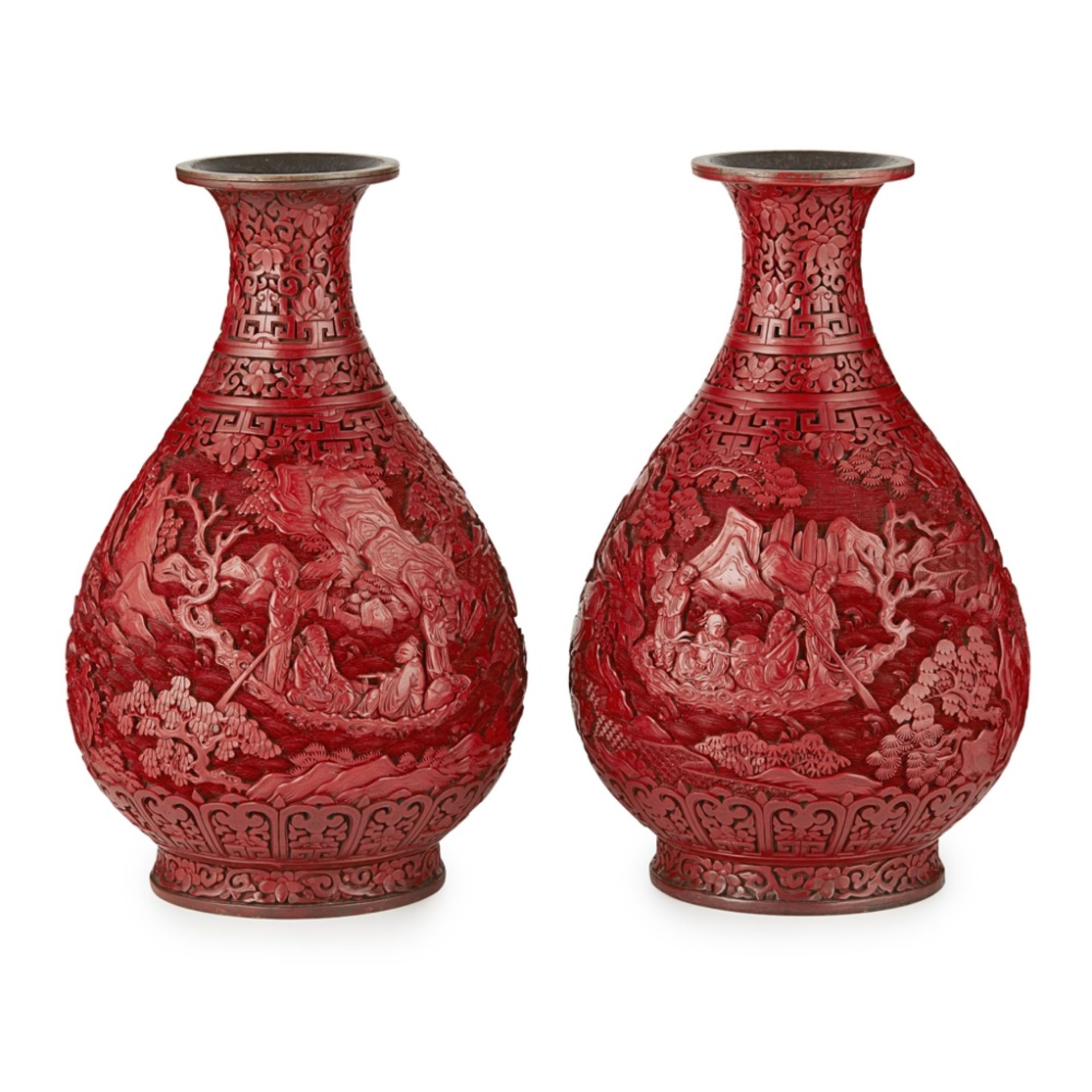 PAIR OF CINNABAR LACQUER 'EIGHT IMMORTALS' VASESLATE 19TH/EARLY 20TH CENTURY each of Yuhuchun form - Image 2 of 4