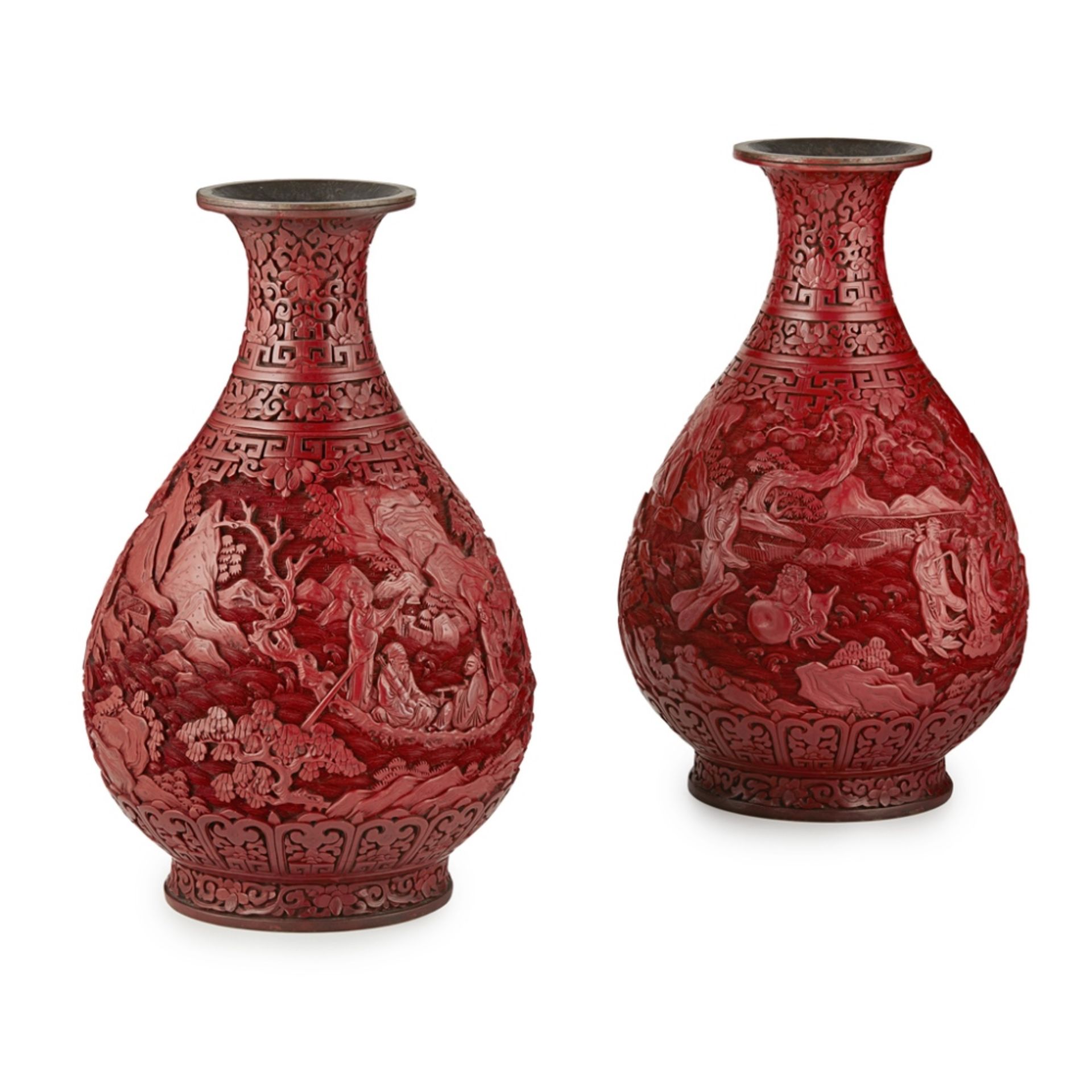 PAIR OF CINNABAR LACQUER 'EIGHT IMMORTALS' VASESLATE 19TH/EARLY 20TH CENTURY each of Yuhuchun form