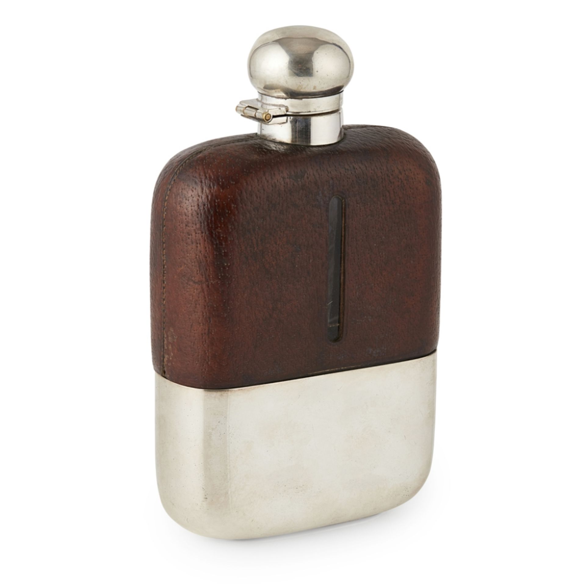 LARGE LEATHER AND SILVER-PLATED MOUNTED HIP FLASK, DREW & SONS, LONDONEARLY 20TH CENTURY the glass