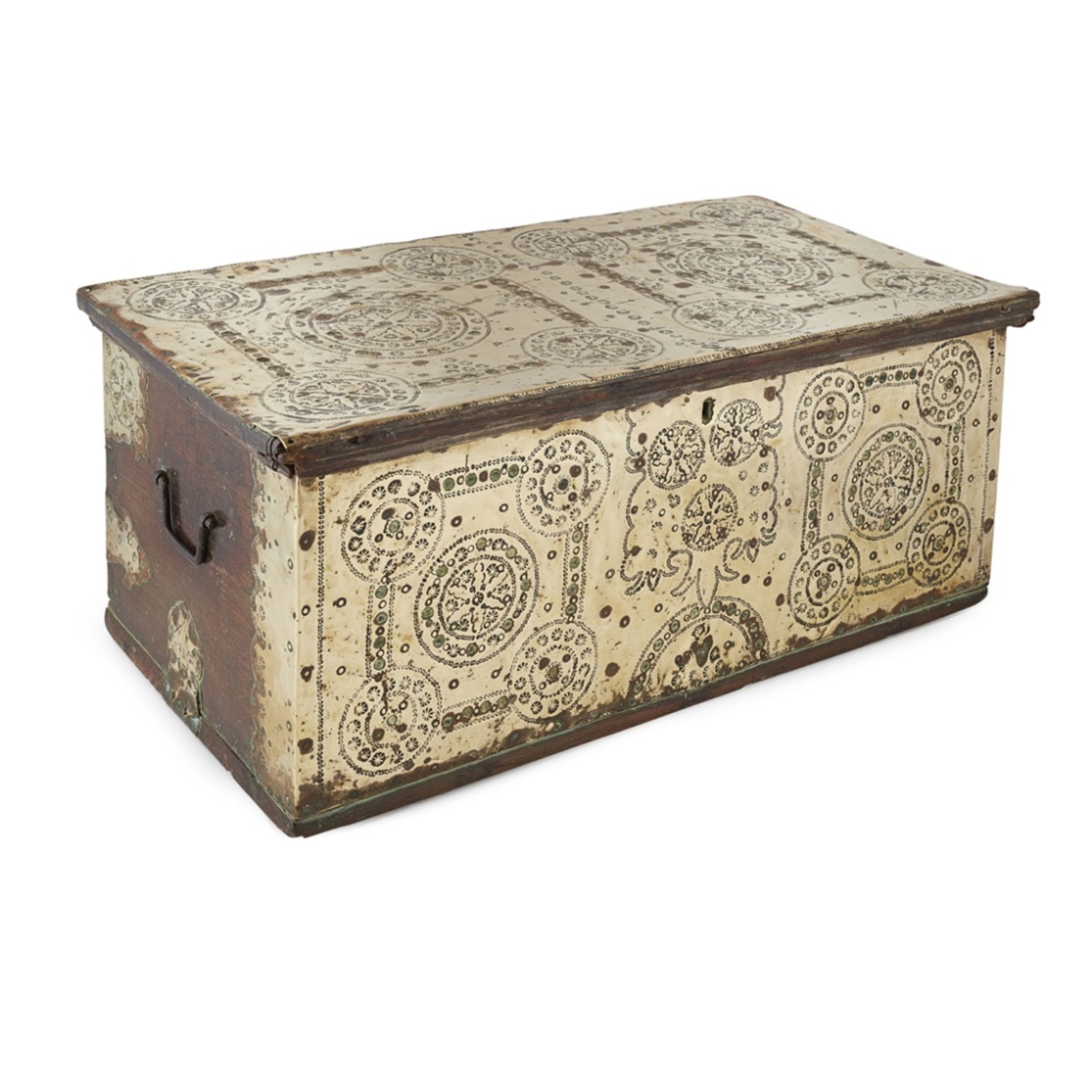 INDIAN BRASS AND PADOUK WORK BOX19TH CENTURY the hinged top and front panel covered in punch