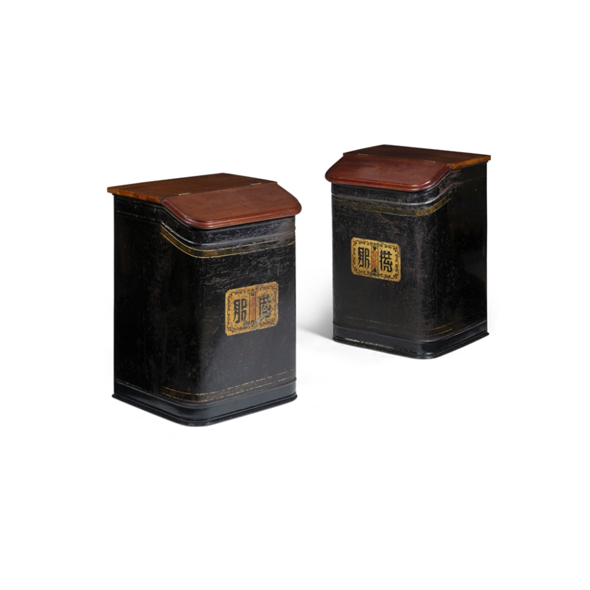 PAIR OF TOLE AND FRUITWOOD TEA BINS19TH CENTURY the hardwood tops with hinged covers, decorated with