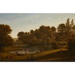 FOLLOWER OF JOHN GLOVERA WOODED LANDSCAPE WITH CATTLE AND FIGURES BY A LAKE Oil on canvas71cm x