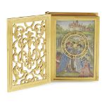 GILT BRONZE BOOK-FORM DESK CLOCKFIRST HALF 20TH CENTURY the pierced hinged cover opening to a