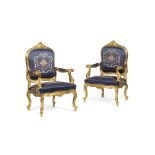 PAIR OF GEORGE II STYLE GILTWOOD UPHOLSTERED ARMCHAIRS20TH CENTURY the cartouche shaped backs in