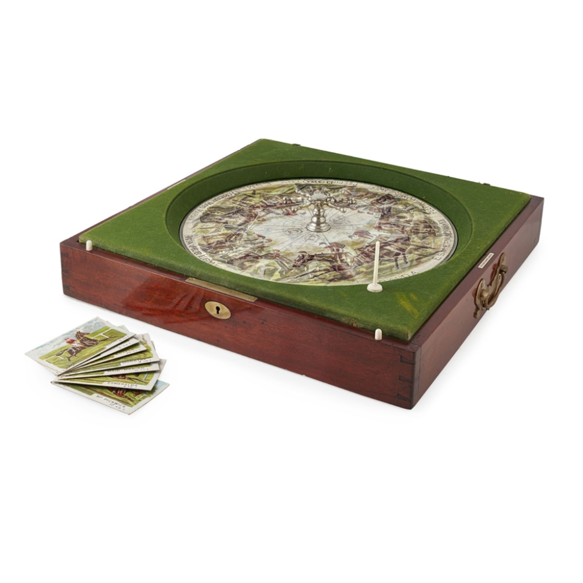 SANDOWN' TABLE-TOP HORSE RACING GAME, BY F. H. AYRES, LONDONEARLY 20TH CENTURY in a mahogany case