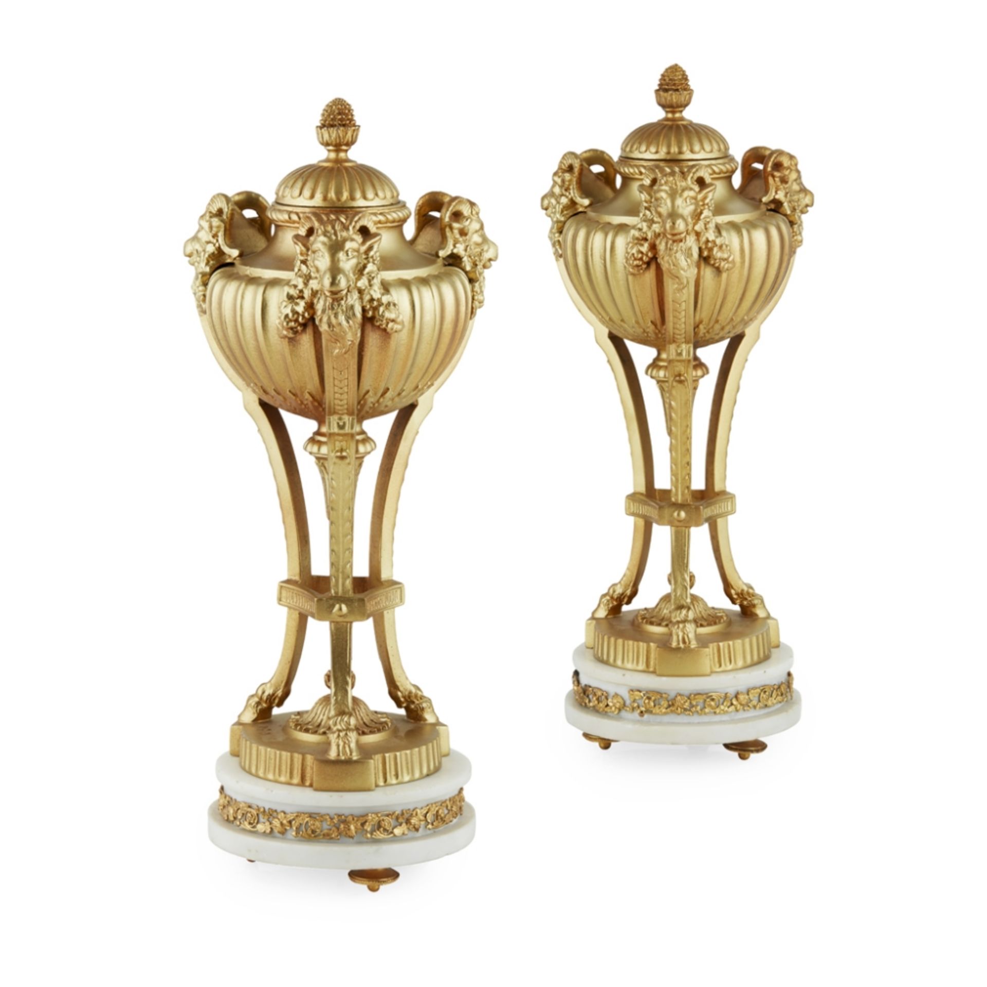 PAIR OF FRENCH GILT METAL COVERED URNS19TH CENTURY the covers with pinecone finials above fluted