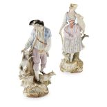 PAIR OF MEISSEN PORCELAIN FIGURESLATE 19TH CENTURY depicting a shepherd and shepherdess with a sheep