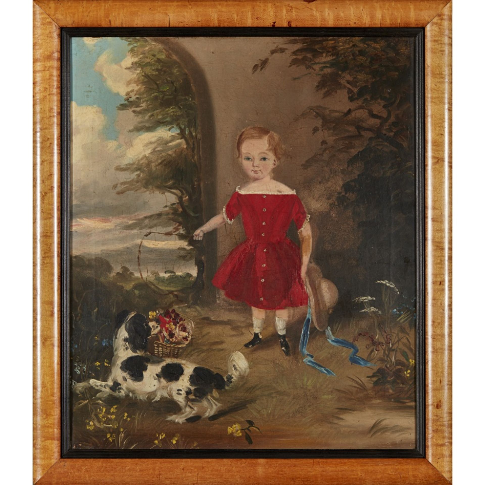 19TH CENTURY NAIVE ENGLISH SCHOOLFULL LENGTH PORTRAIT OF A CHILD WITH PET SPANIEL Oil on - Image 2 of 2