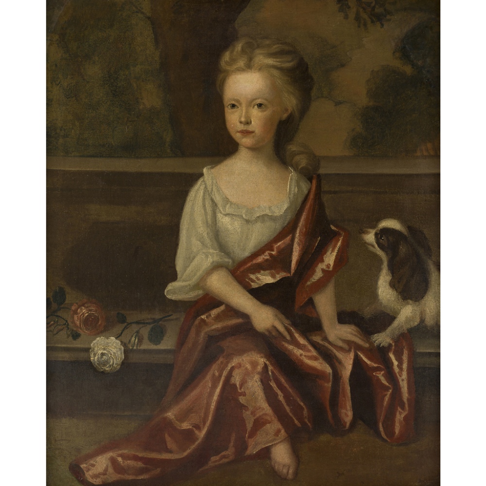 MANNER OF MICHAEL DAHLTHREE QUARTER LENGTH PORTRAIT OF A YOUNG GIRL WITH A SPANIEL Oil on canvas91cm