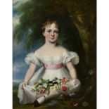 19TH CENTURY ENGLISH SCHOOLFULL LENGTH PORTRAIT OF A YOUNG GIRL WITH WILD FLOWERS Oil on