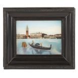 ITALIAN PIETRA DURA PANELLATE 19TH CENTURY depicting a Venetian scene, in an ebony ripple cut deep