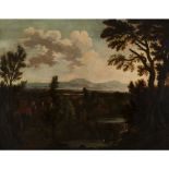 MANNER OF JACOB DE HEUSCHA CLASSICAL LANDSCAPE WITH FIGURES BY A STREAM AND DISTANT TOWN Oil on