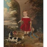 19TH CENTURY NAIVE ENGLISH SCHOOLFULL LENGTH PORTRAIT OF A CHILD WITH PET SPANIEL Oil on