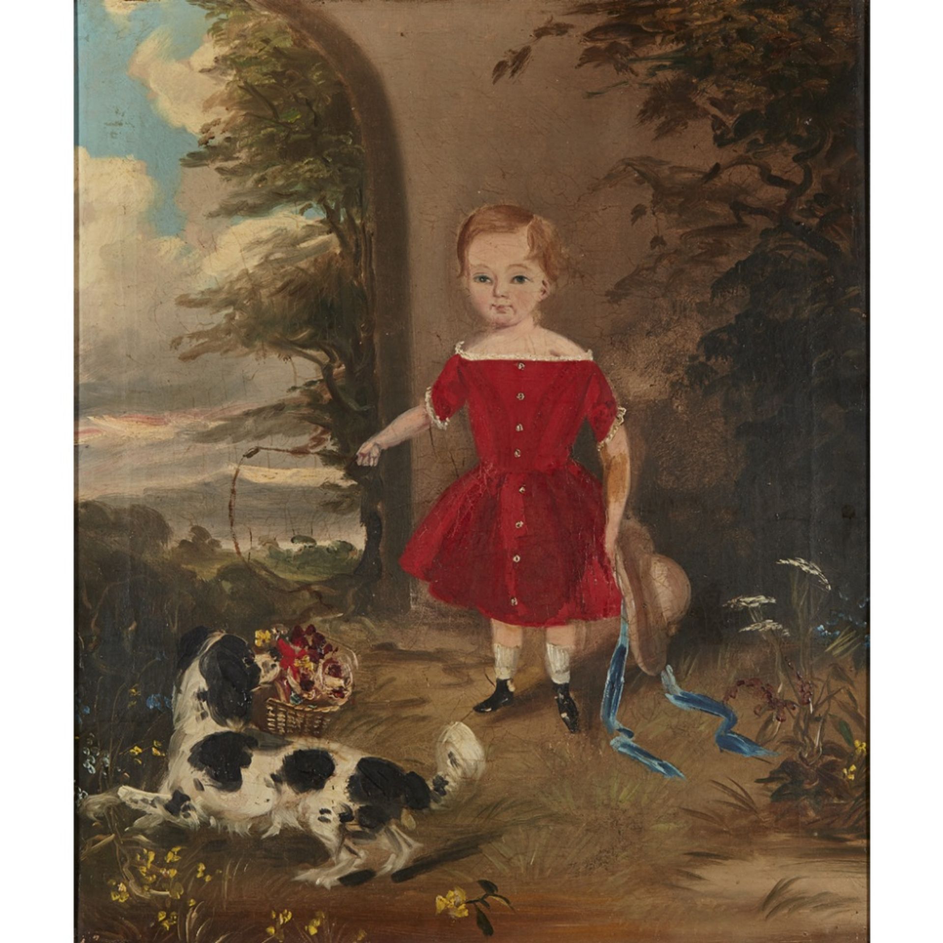 19TH CENTURY NAIVE ENGLISH SCHOOLFULL LENGTH PORTRAIT OF A CHILD WITH PET SPANIEL Oil on
