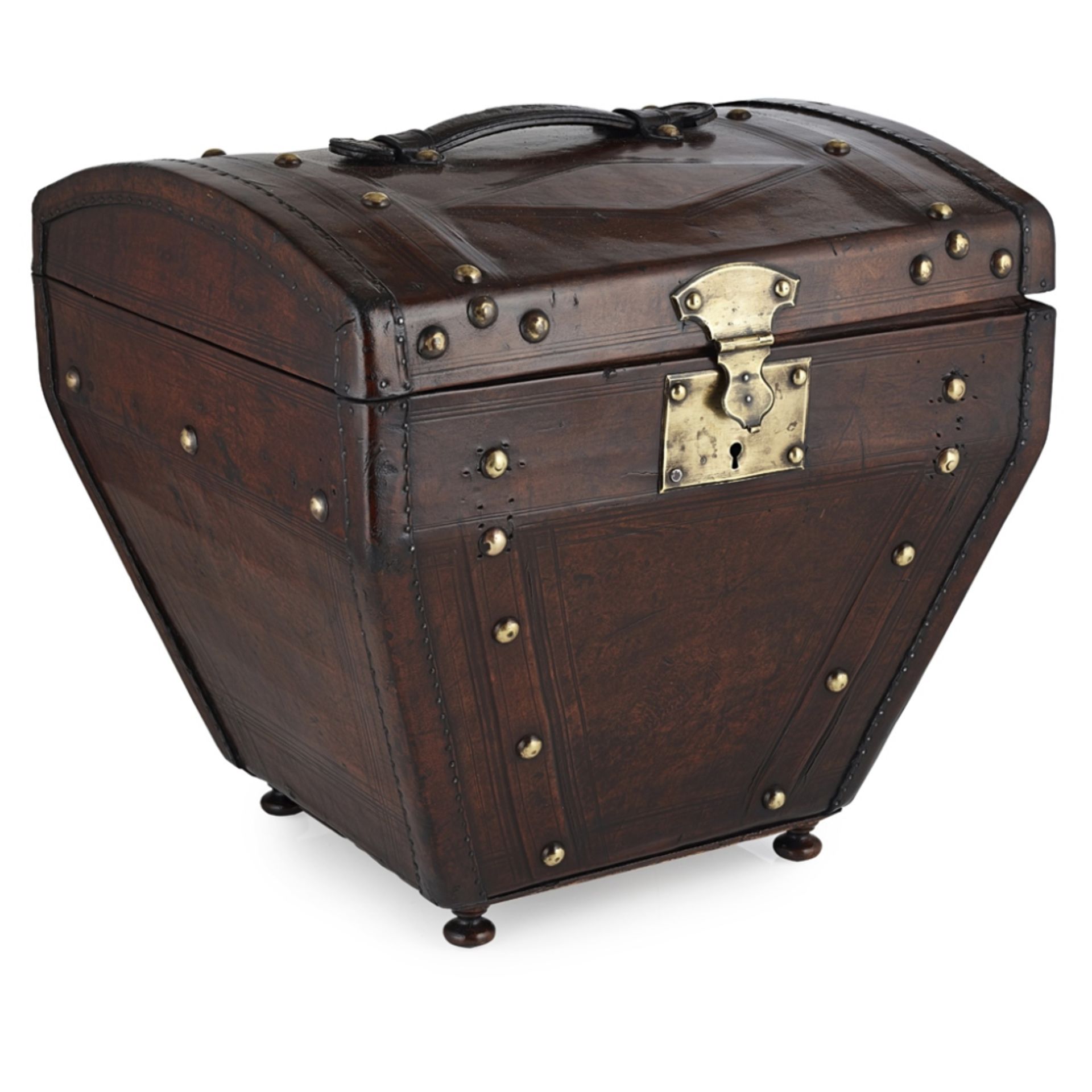 FRENCH LEATHER STORAGE BOX19TH CENTURY of sarcophagus form with a domed top with single handle,