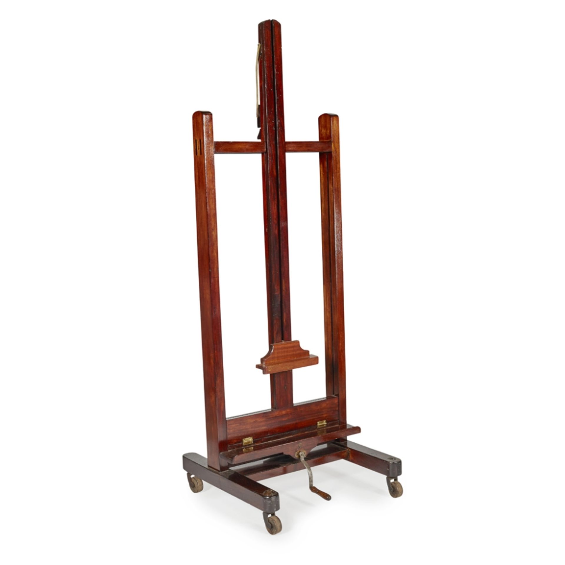 LARGE MAHOGANY ARTIST'S EASELMID 19TH CENTURY of typical form, on a trestle base with large wood