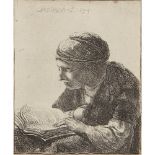 REMBRANDT VAN RIJN (DUTCH 1606-1669)WOMAN READING Etching, signed and dated in the plate 1634, third