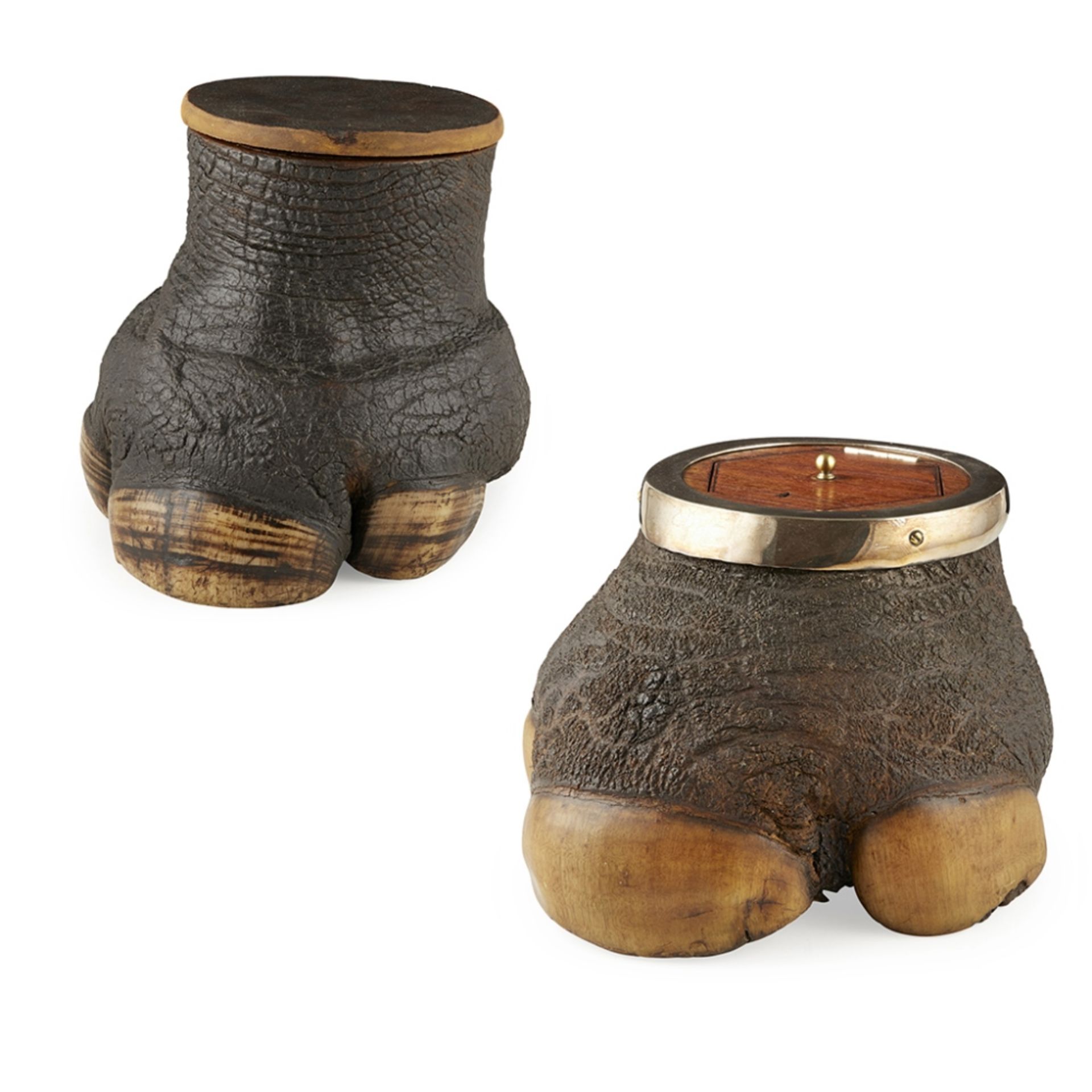 TWO VICTORIAN TAXIDERMY RHINO FEET NOVELTY BOXES19TH CENTURY comprising a Black rhino tobacco box,