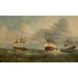 ATTRIBUTED TO THOMAS WHITCOMBESTUDY OF A FRIGATE IN THREE POSITIONS Oil on canvas84cm x 138cm (