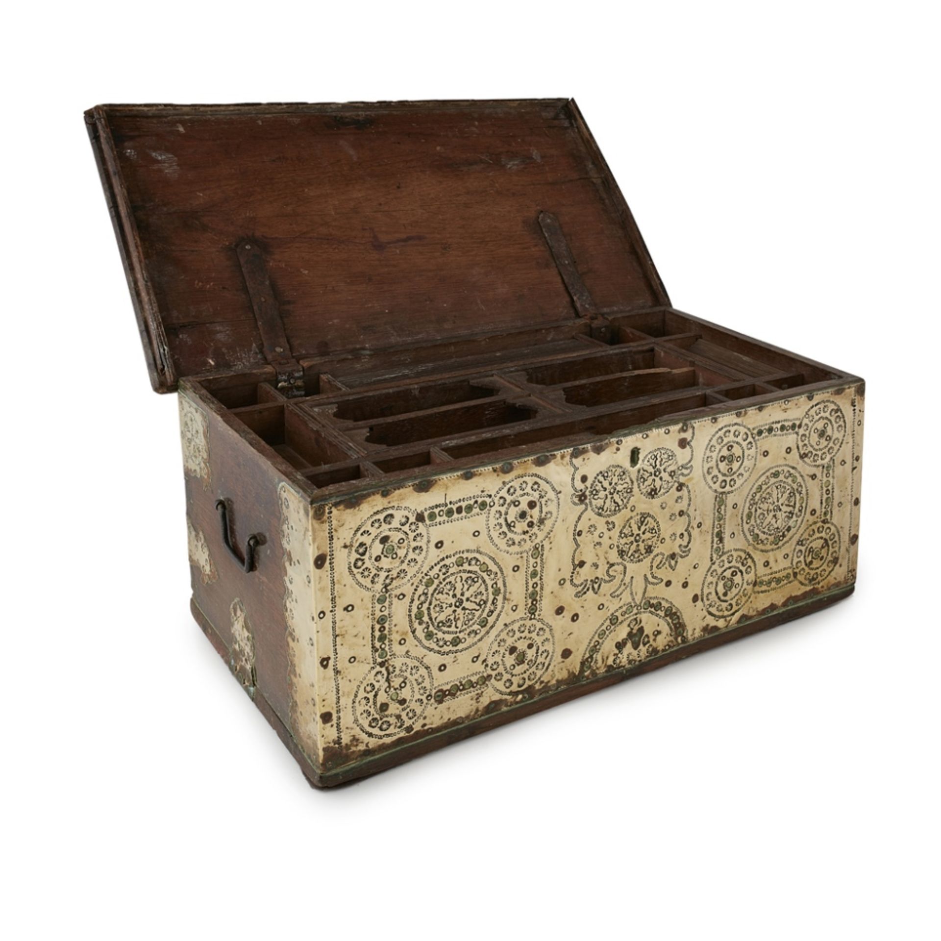 INDIAN BRASS AND PADOUK WORK BOX19TH CENTURY the hinged top and front panel covered in punch - Image 2 of 2