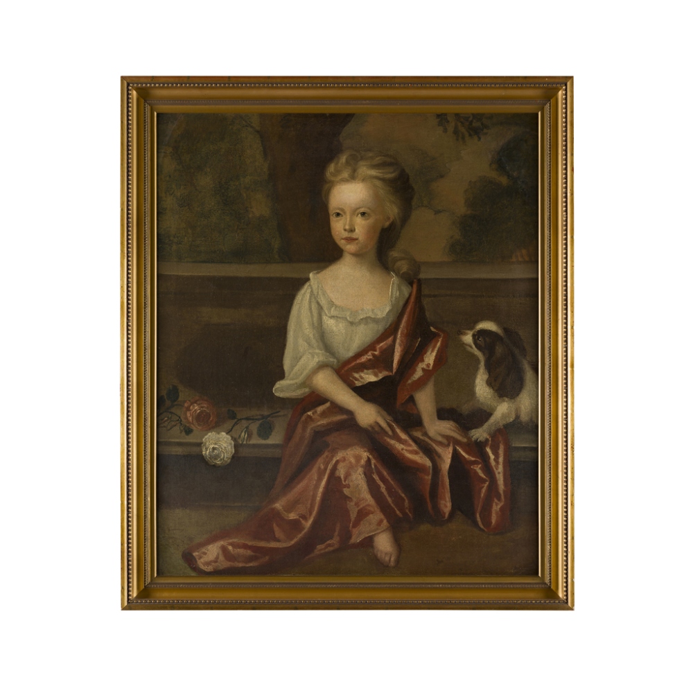 MANNER OF MICHAEL DAHLTHREE QUARTER LENGTH PORTRAIT OF A YOUNG GIRL WITH A SPANIEL Oil on canvas91cm - Image 2 of 2