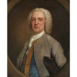 MANNER OF ALLAN RAMSAYHALF LENGTH PORTRAIT OF A GENTLEMAN IN GREY COAT AND BLUE WAISCOAT Feigned