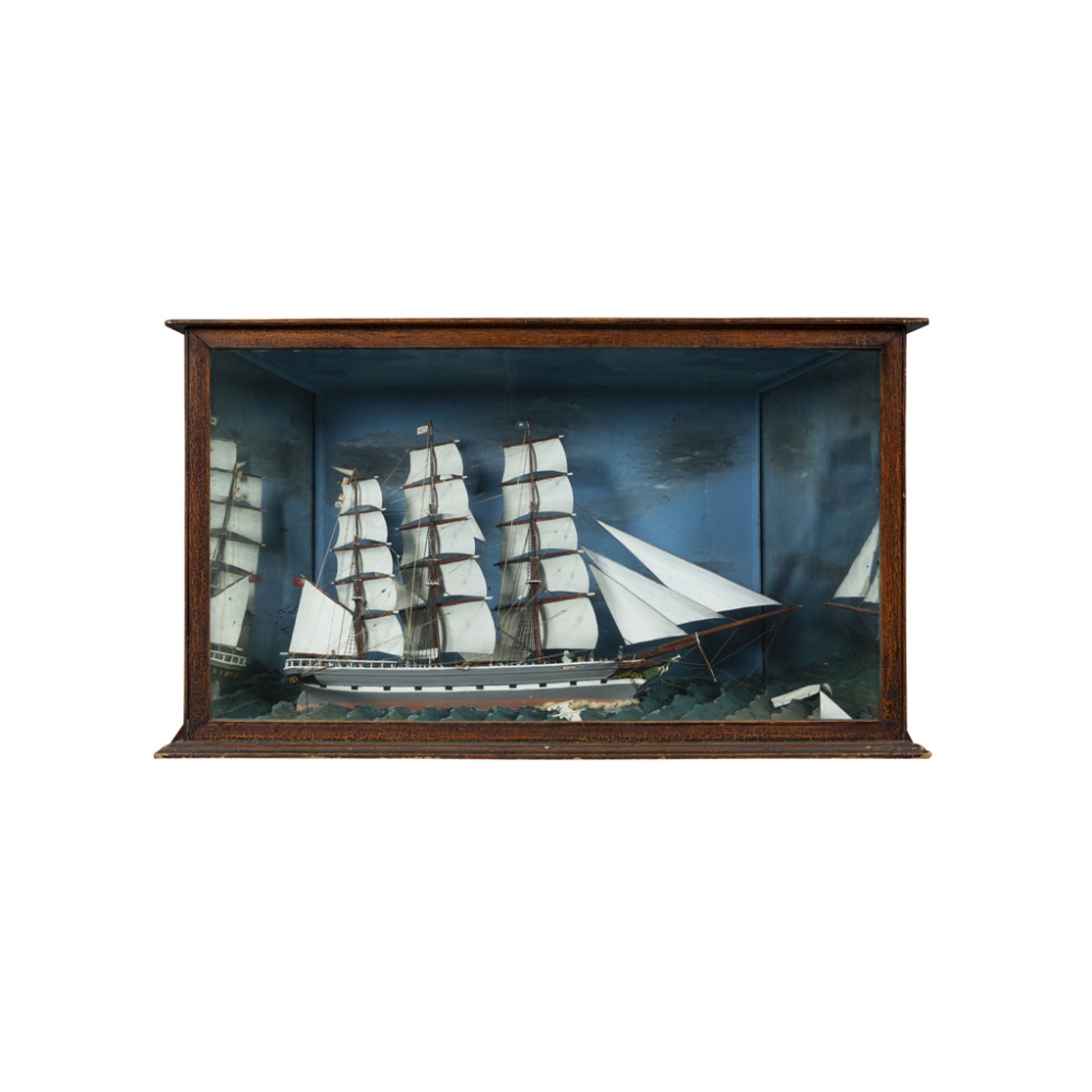 CASED MODEL OF THE SAILING SHIP 'BELLA'19TH CENTURY with three fully rigged masts, in a diorama case