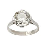 A single stone diamond ringclaw set with a single cushion cut diamond, to a plain white metal shank,