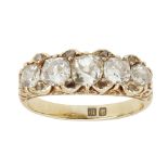 A Victorian five stone diamond set ringclaw set with five old round and cushion cut diamonds,