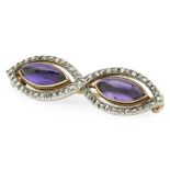 An amethyst and diamond set brooch, Kochcollet set with two amethyst cabochons, in a scrolling