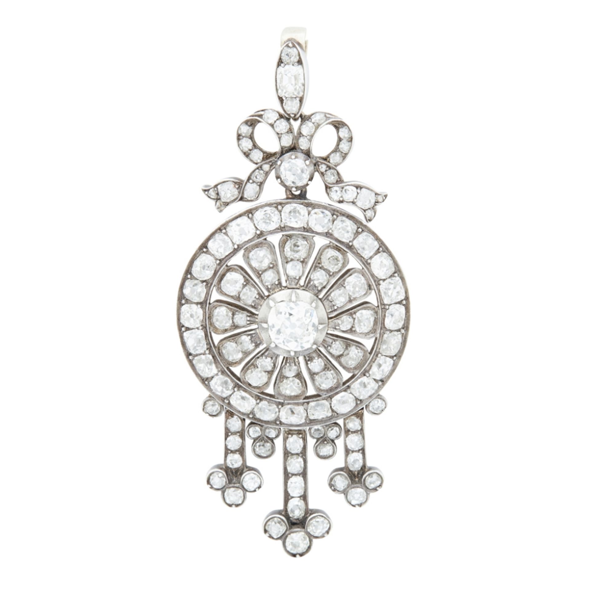 A Victorian diamond set pendantof circular outline, set throughout with graduated cushion cut