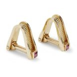 A pair of ruby set gentleman's cufflinkseach of 'V' shaped design with ribbed detail, hinged baton