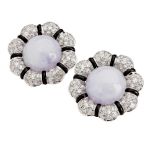 A pair of lavender jade, diamond and onyx set earringseach of floral design, collet set with a