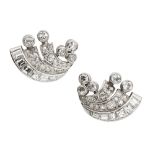 A pair of 1940s diamond set earringseach of scrolling design, set throughout with old round cut,