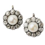 A pair of natural pearl and diamond set cluster earringseach set with a natural pearl in a single