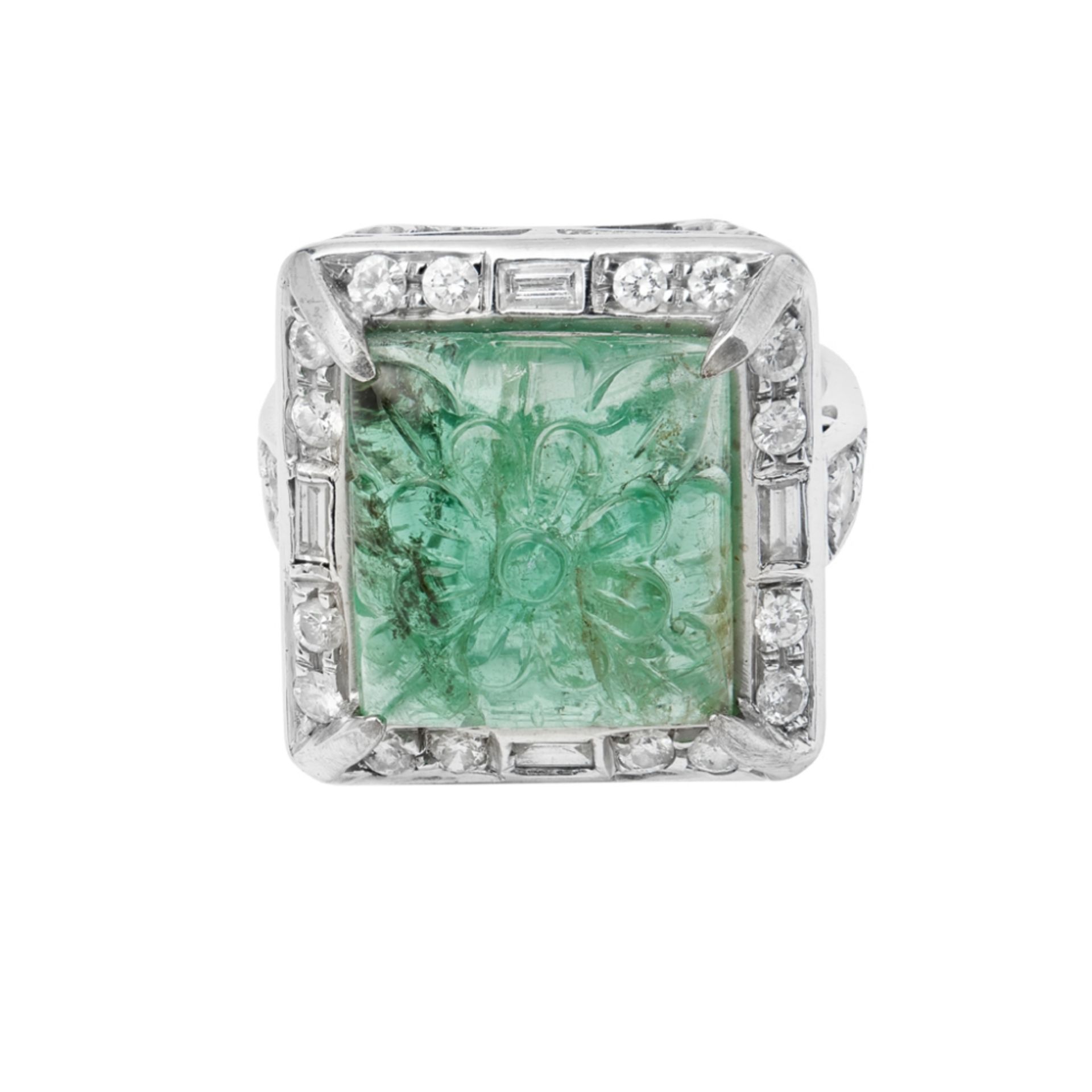 A carved emerald and diamond cluster ringclaw set with a carved square cabochon emerald, in a border - Image 2 of 2