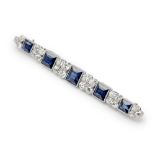 A sapphire and diamond set bar broochclaw set with five graduated square cut sapphires, between