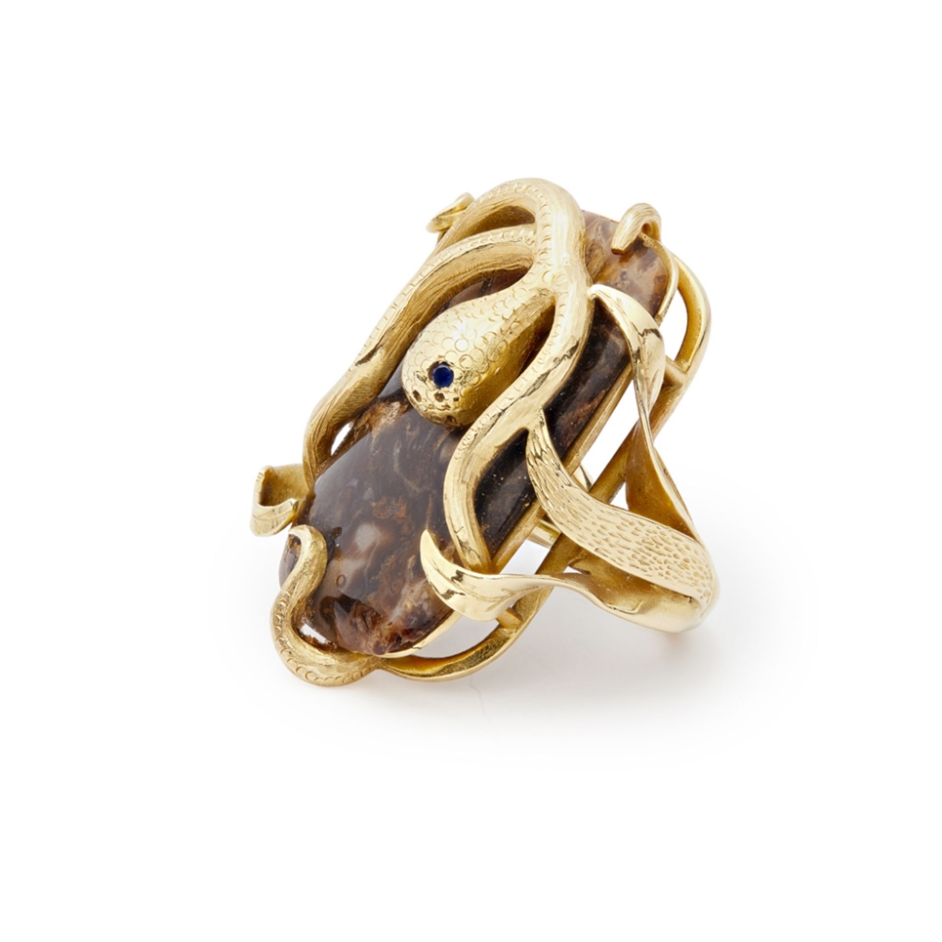 A contemporary jasper set cocktail ringmodelled as an octopus with sapphire set eyes, the - Image 2 of 2