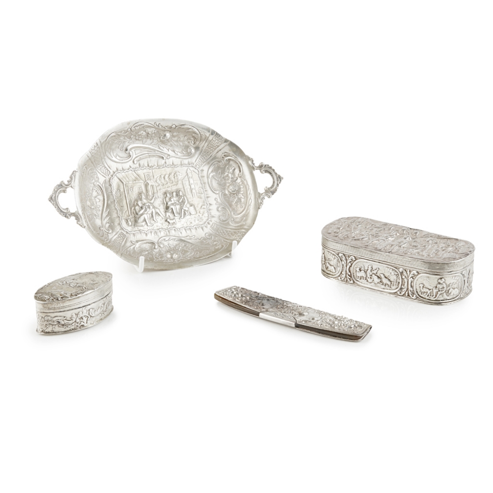 A group of 19th century Dutch silver indistinctly marked to include; a tobacco box of rounded